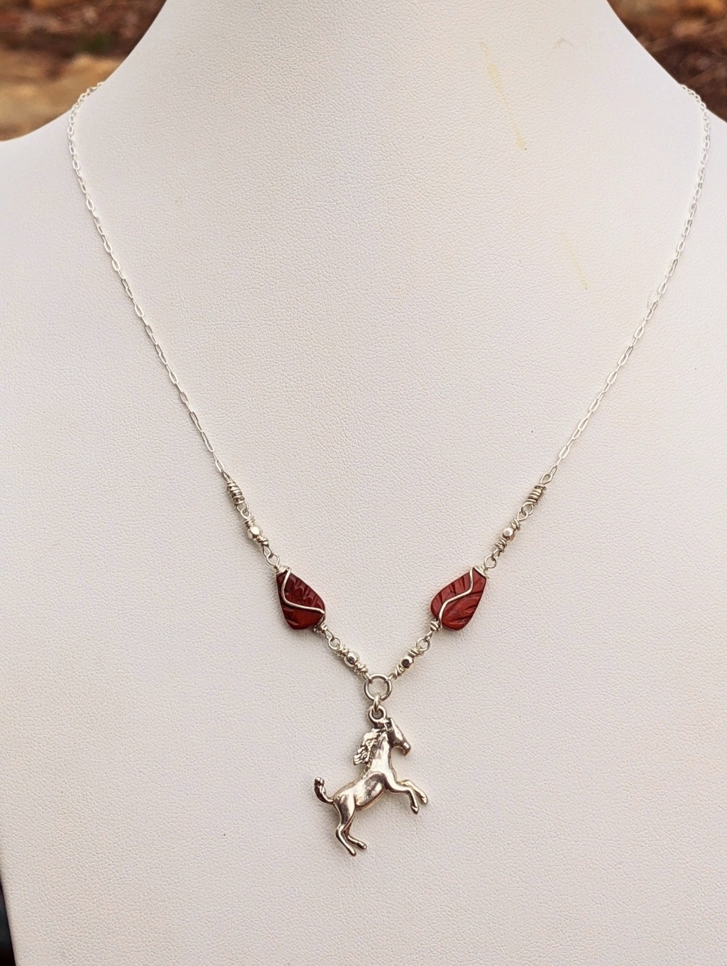 Feminine-Sterling Silver Chain Necklace-925 Horse Charm-Red Jasper Gemstones-